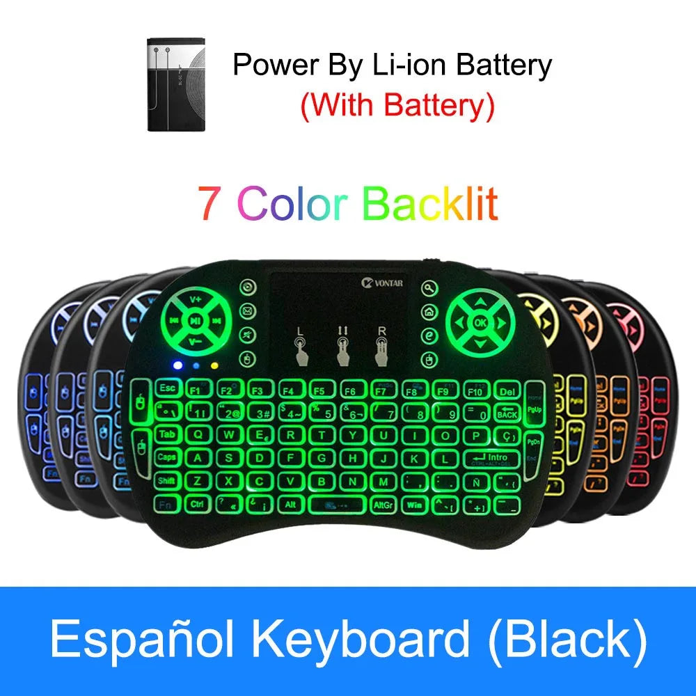 Black wireless mini keyboard with touchpad and 7-colour backlit keys, shown with a rechargeable battery.