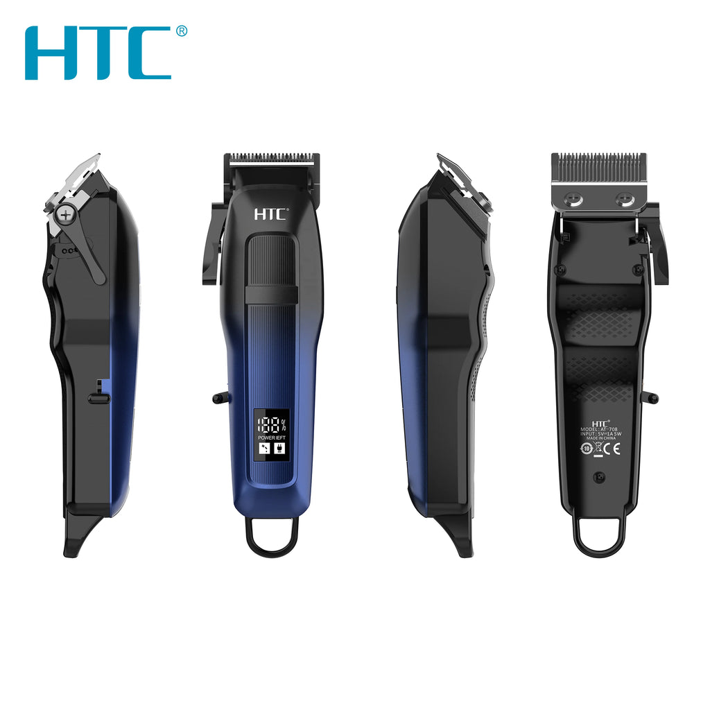 Professional cordless hair clipper in a sleek black and blue gradient finish, featuring an integrated digital display.