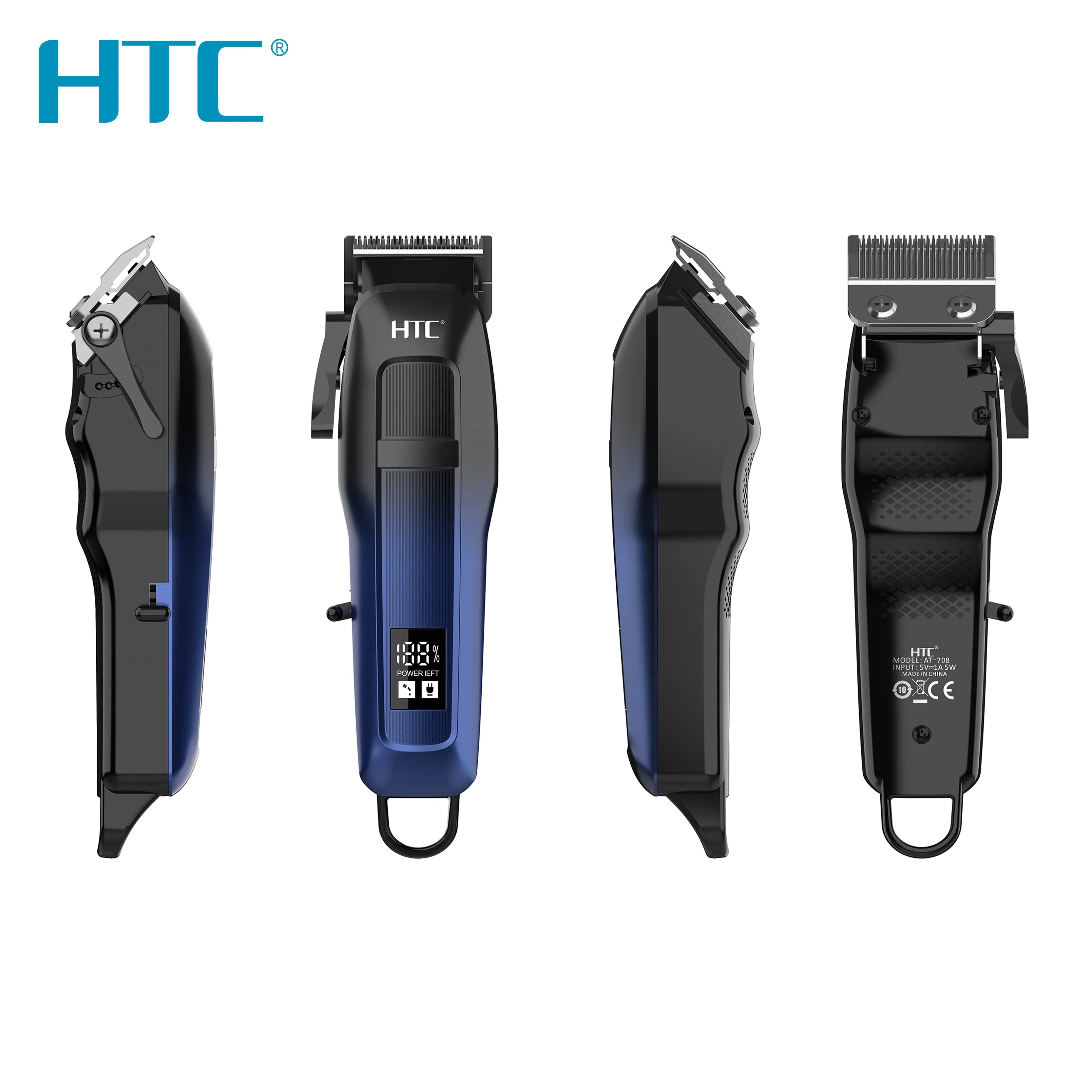 Professional cordless hair clipper in a sleek black and blue gradient finish, featuring an integrated digital display.