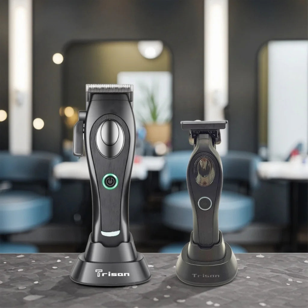 Black professional cordless hair clipper and beard trimmer set with matching charging stands.