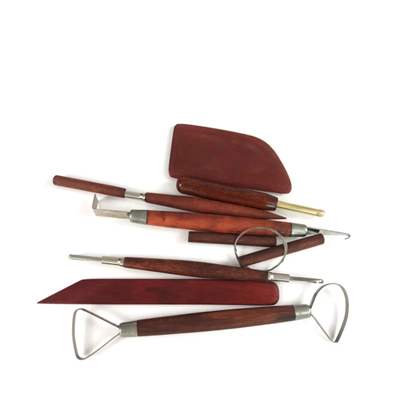 Set of eight wooden-handled clay and pottery sculpting tools with metal wire loops, scrapers, and detailing points.