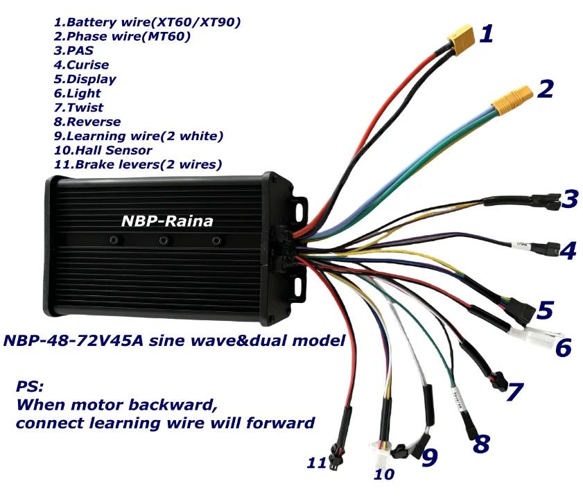 Black electric bike motor controller with numbered wiring harness and multiple connector types for e-bike conversion.