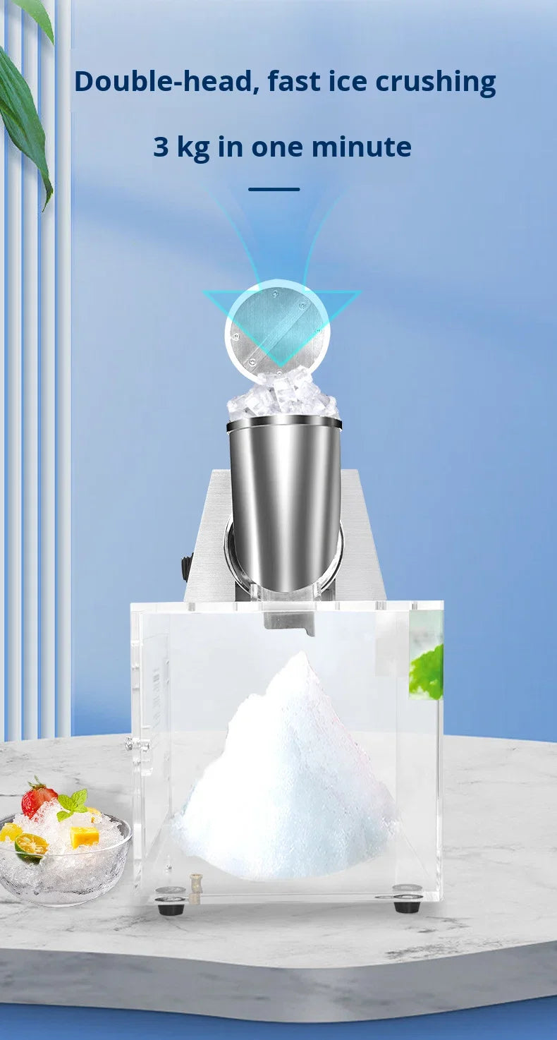Stainless steel industrial ice crusher with a clear acrylic collection bin on a white table.