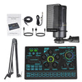 Streaming kit featuring a black RGB sound mixer, condenser microphone with pop filter, adjustable boom arm, and cables.