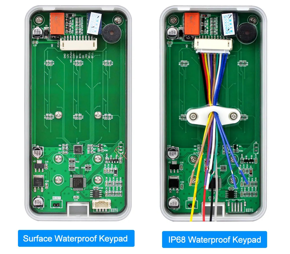 Two rectangular green circuit boards for waterproof keypads, one with a wire harness, housed in plastic frames.