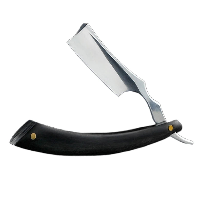 Professional stainless steel straight edge barber razor with a polished silver blade and curved black handle.