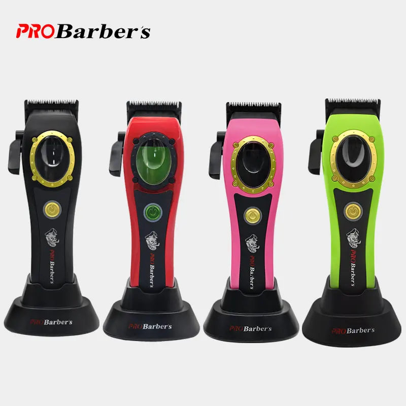 Four professional electric hair clippers in black, red, pink and green, each with a charging stand and power button.