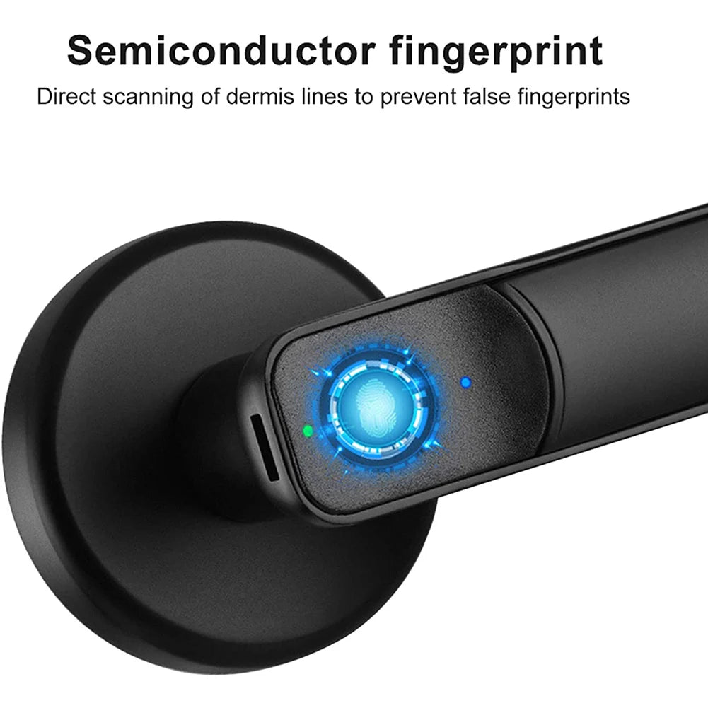Matte black metal door handle with an integrated blue glowing semiconductor fingerprint scanner.