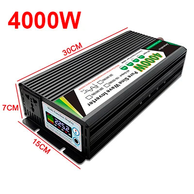 Black 4000W pure sine wave power inverter with a digital display and universal AC socket. Compact, ribbed metal design.