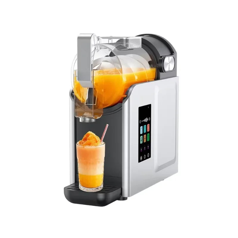 Silver and black slushie machine with a digital touch panel, dispensing orange frozen drink into a glass.