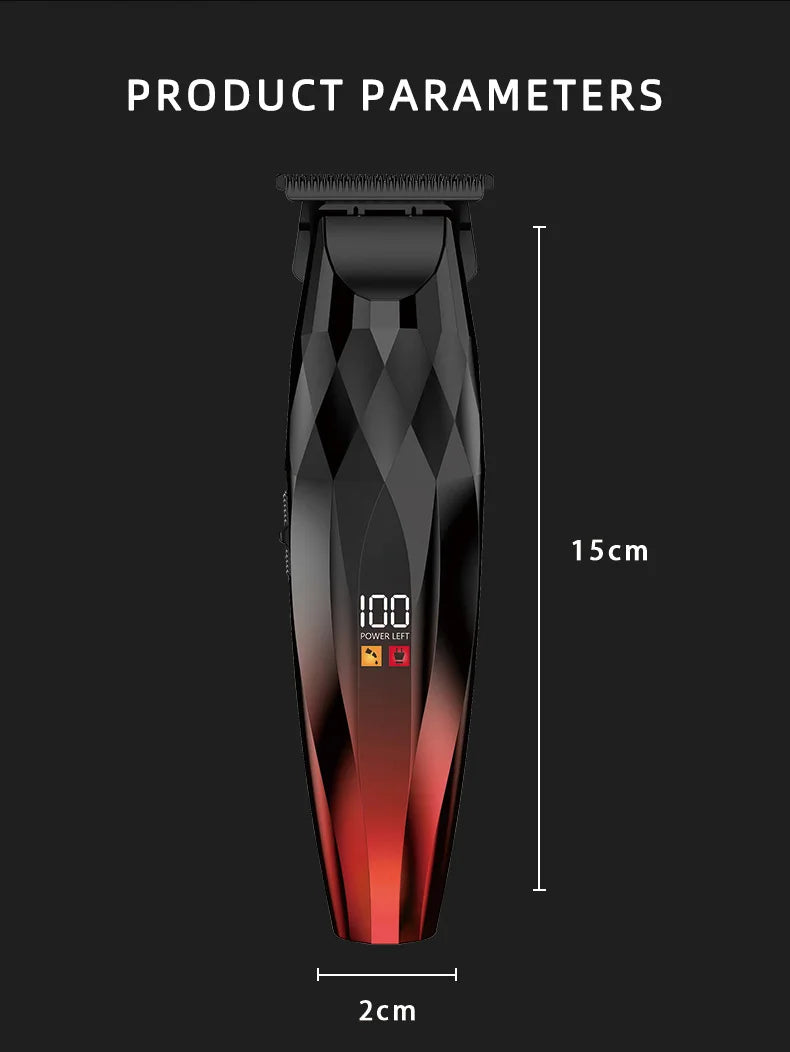 Black and red cordless hair trimmer with a faceted geometric handle, T-blade, and digital battery display.