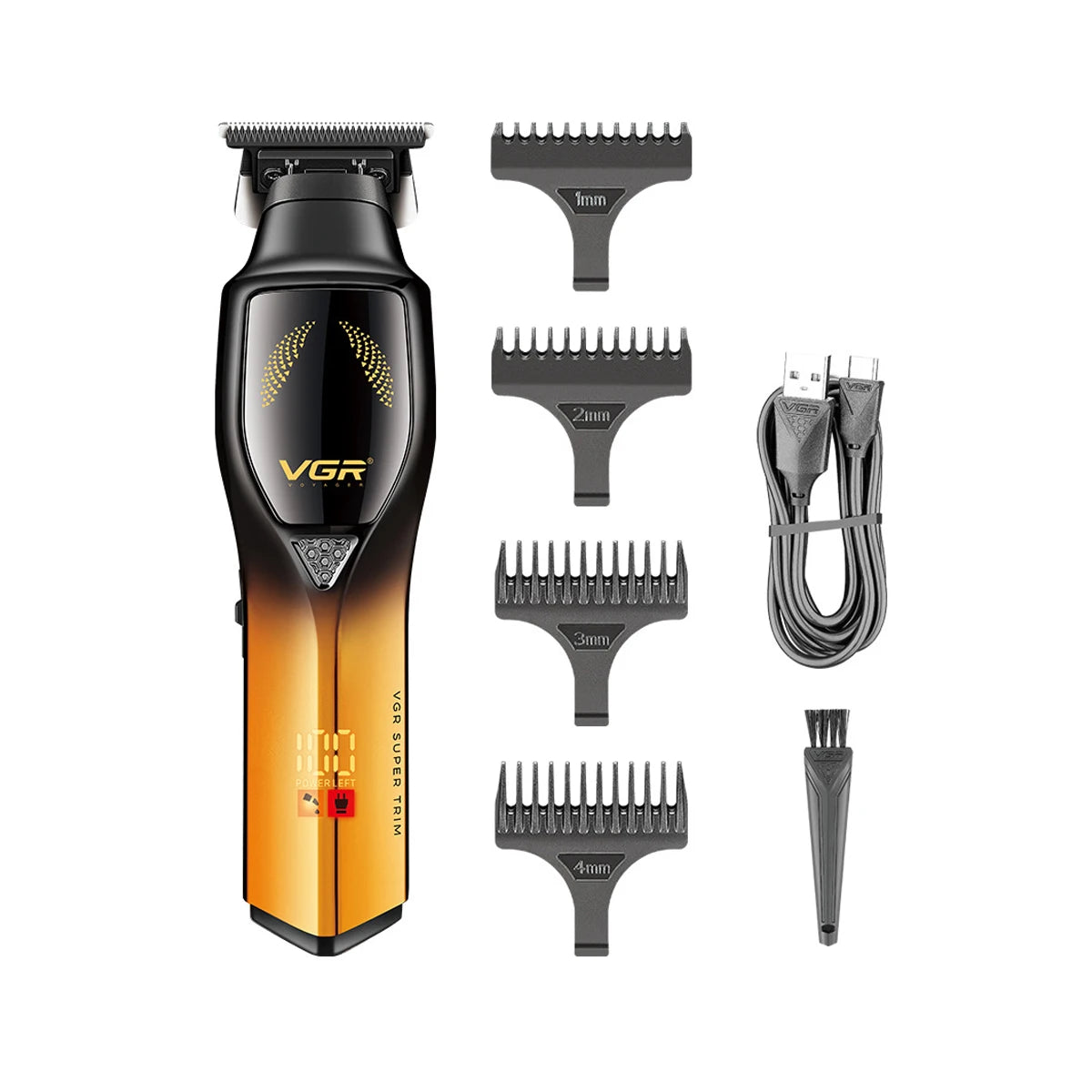 Black and orange cordless hair trimmer with LED display, four attachment combs, USB charging cable and cleaning brush.