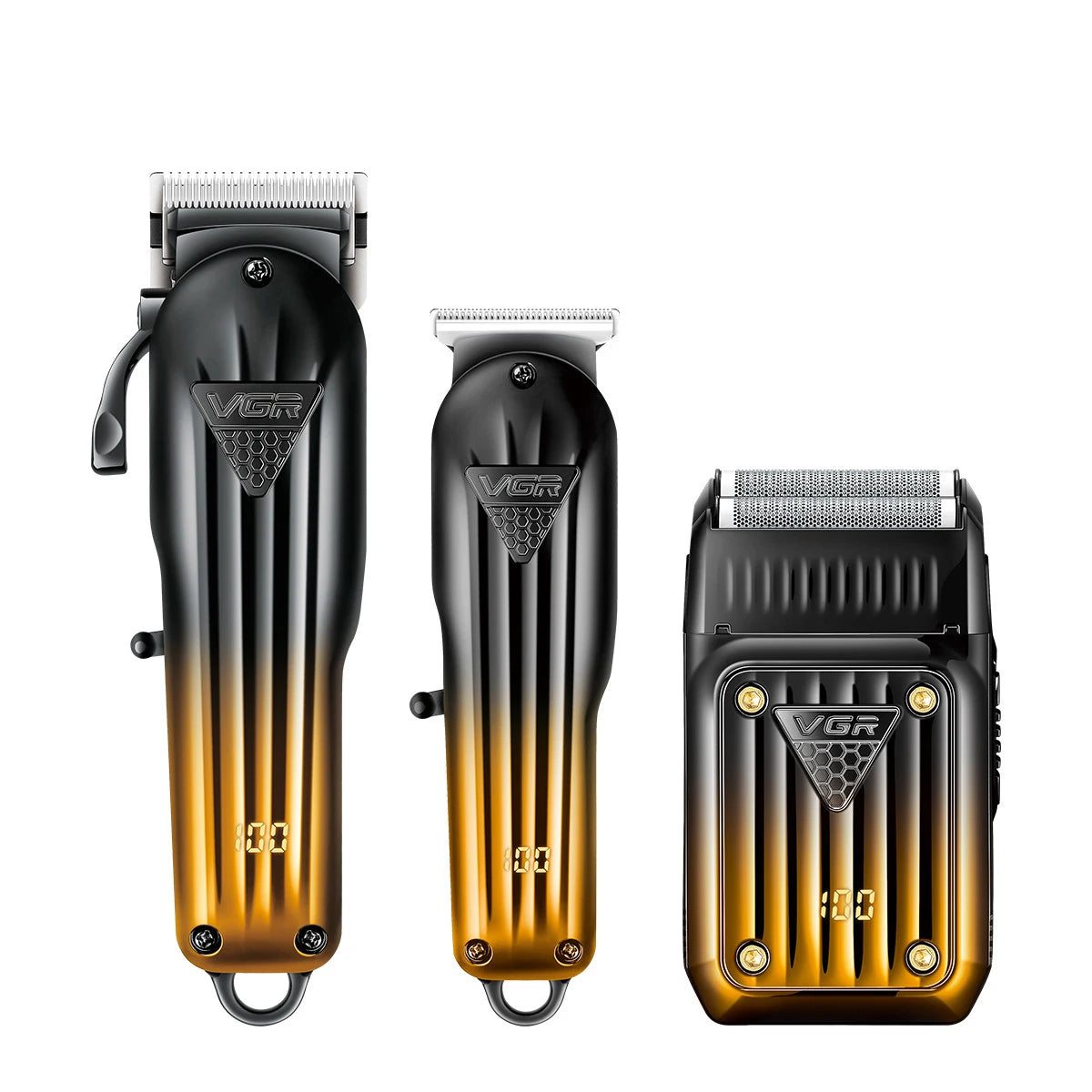Set of three black and gold gradient professional cordless hair clippers and shavers with digital battery displays.