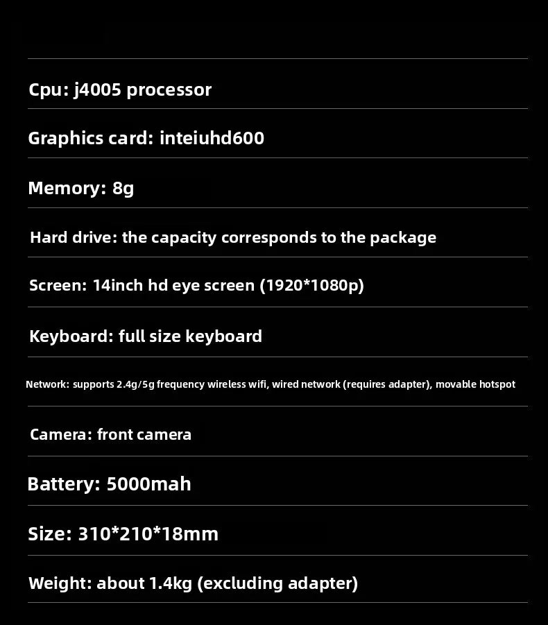 Silver 14-inch laptop featuring a Full HD screen, full-size keyboard, front camera, and slim, lightweight design.