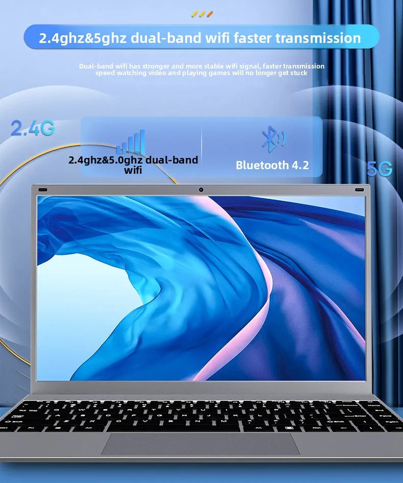 Sleek silver 14-inch laptop featuring a Full HD screen, black keyboard, integrated webcam, and dual-band Wi-Fi.