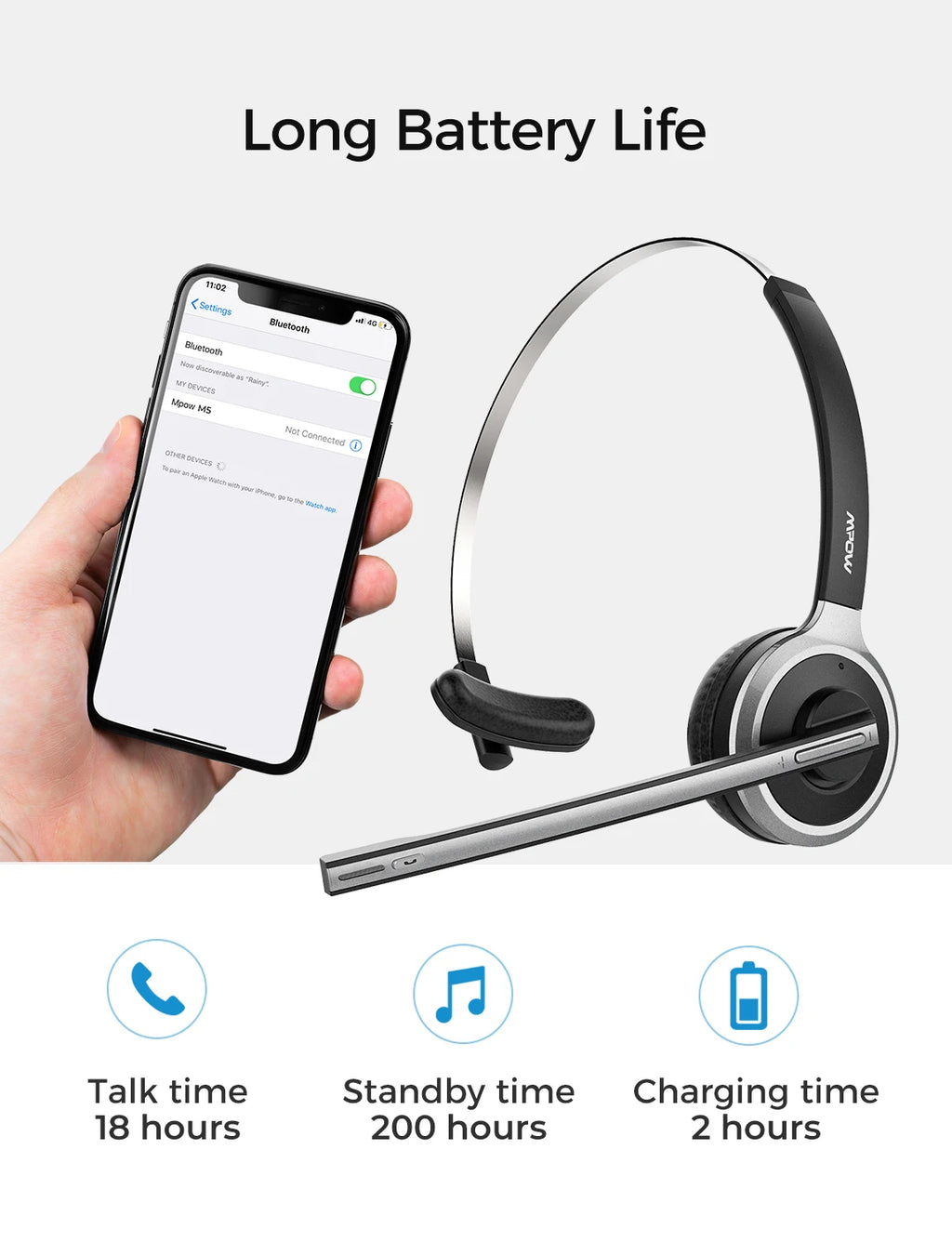 Black and silver wireless headset with a boom microphone being paired to a smartphone via Bluetooth.