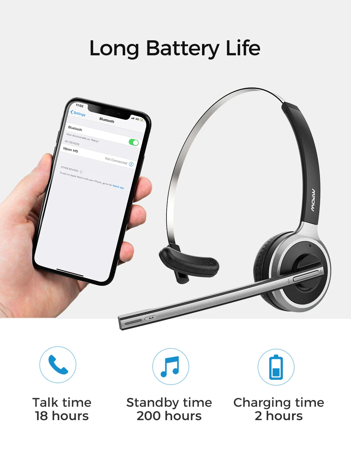 Black and silver wireless headset with a boom microphone being paired to a smartphone via Bluetooth.