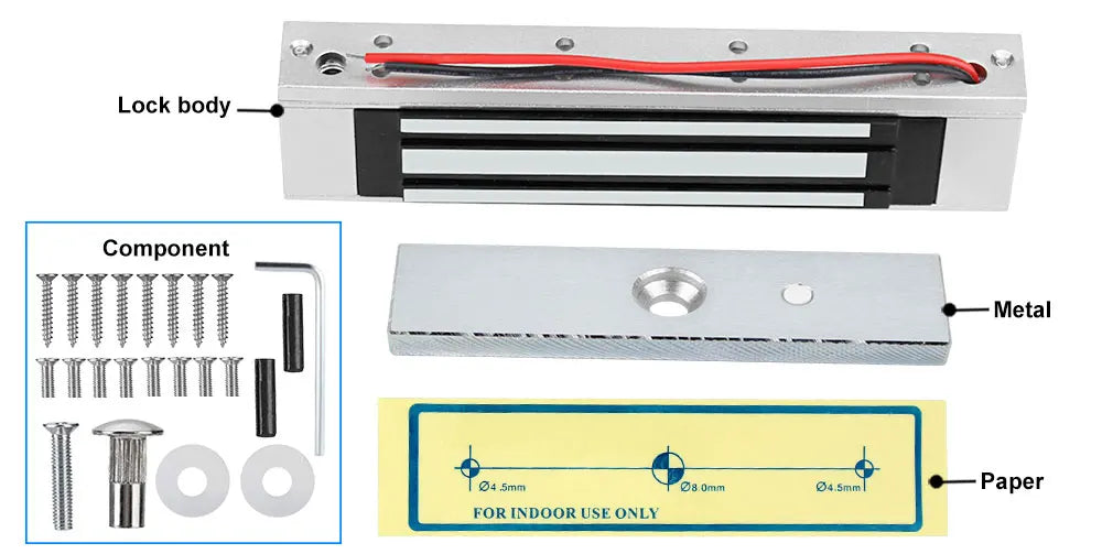 Silver electromagnetic lock body with mounting plate, screws, and paper installation template.