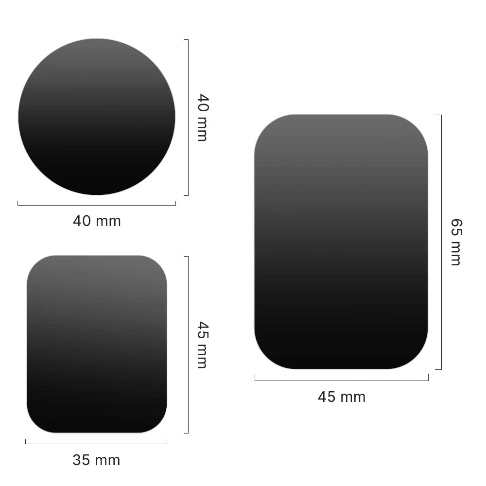 Three black magnetic plates of varying shapes and sizes with dimensions labeled in millimeters.