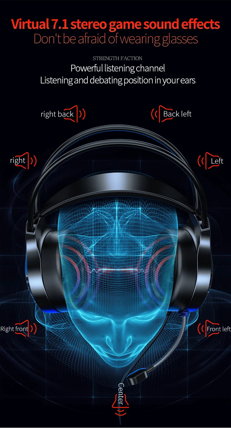 Black RGB gaming headset with a flexible microphone and 7.1 surround sound, shown on a digital wireframe head.