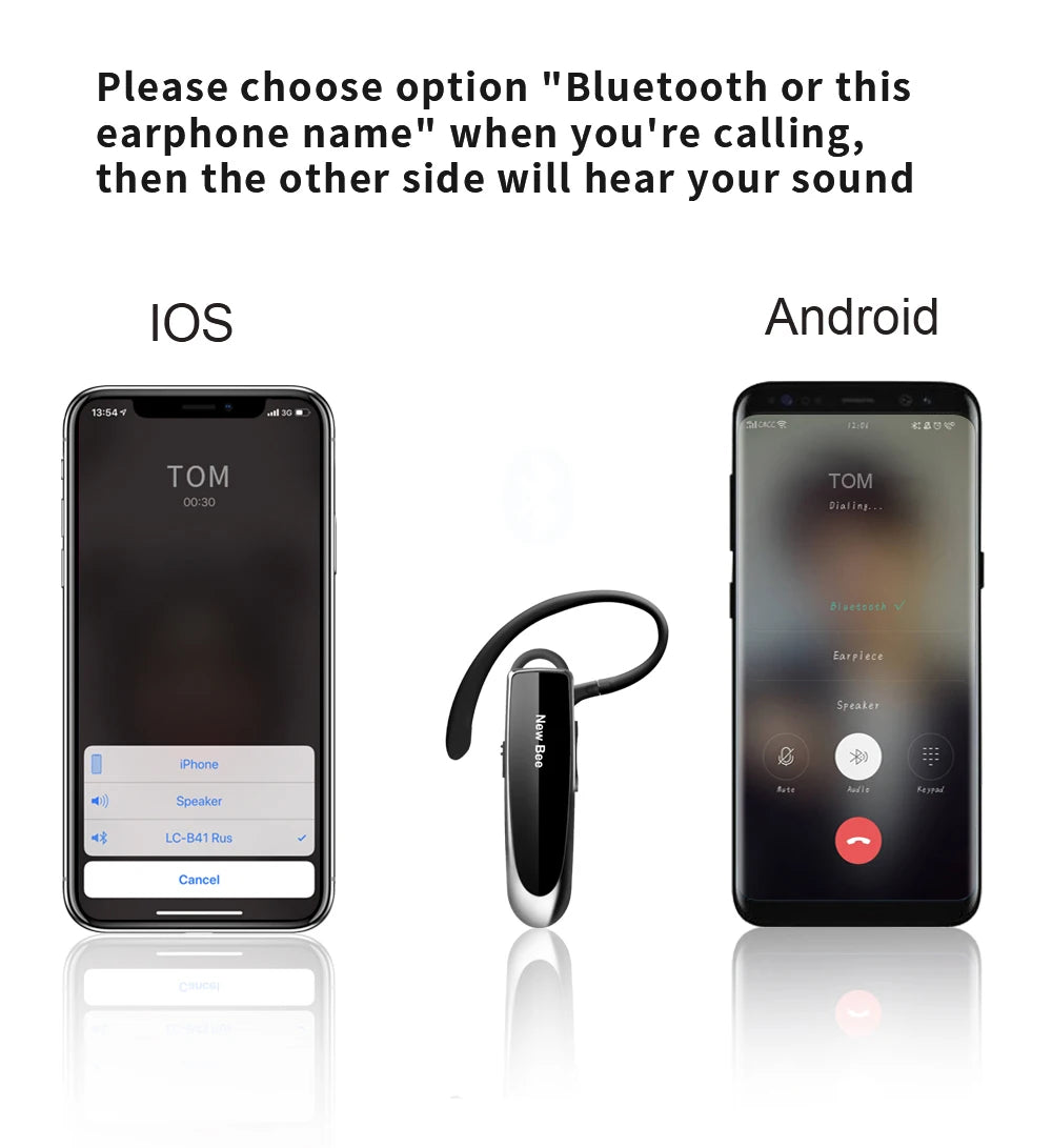 Black wireless business headset shown between an iOS and Android phone demonstrating Bluetooth connection settings.
