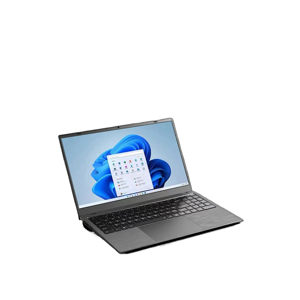 Sleek dark grey 15.6-inch laptop with a brushed metal finish, black keyboard, and Windows 11 desktop display.
