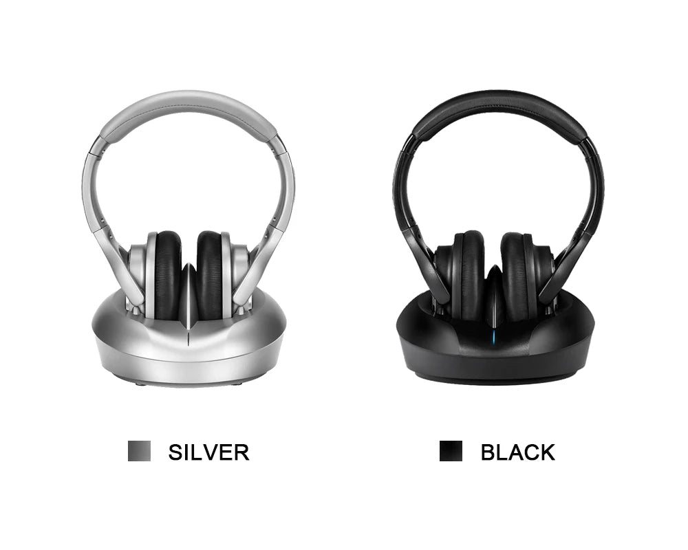 Two pairs of wireless over-ear TV headphones with charging transmitters, available in silver and black finishes.