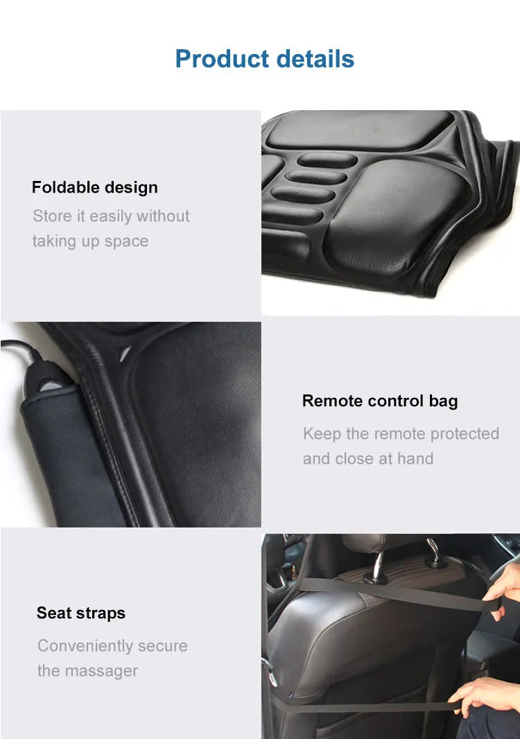 Black foldable electric massage seat cushion with remote storage pouch and adjustable fastening straps.