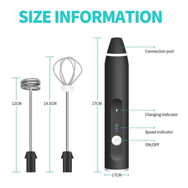 Black electric handheld milk frother with two detachable stainless steel whisk heads and size dimension labels.