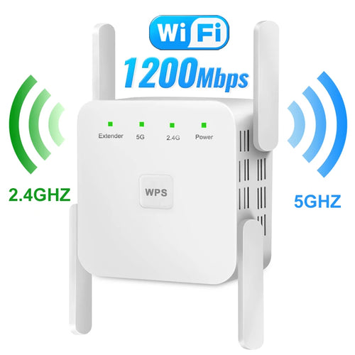 White, compact 1200Mbps dual-band WiFi extender with four antennas, status LEDs and a central WPS button.