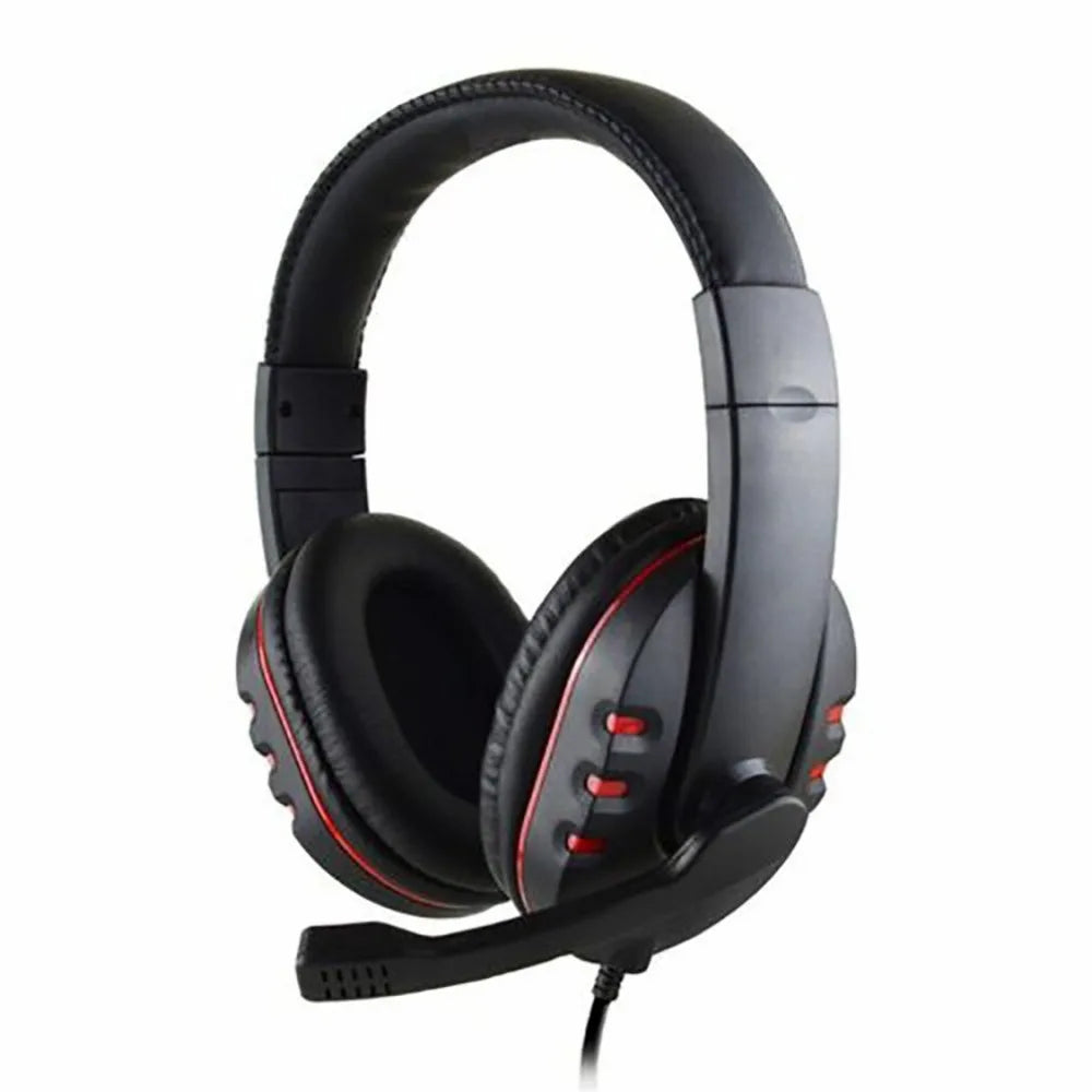 Black wired gaming headset with cushioned ear cups, red accents, and an adjustable microphone.