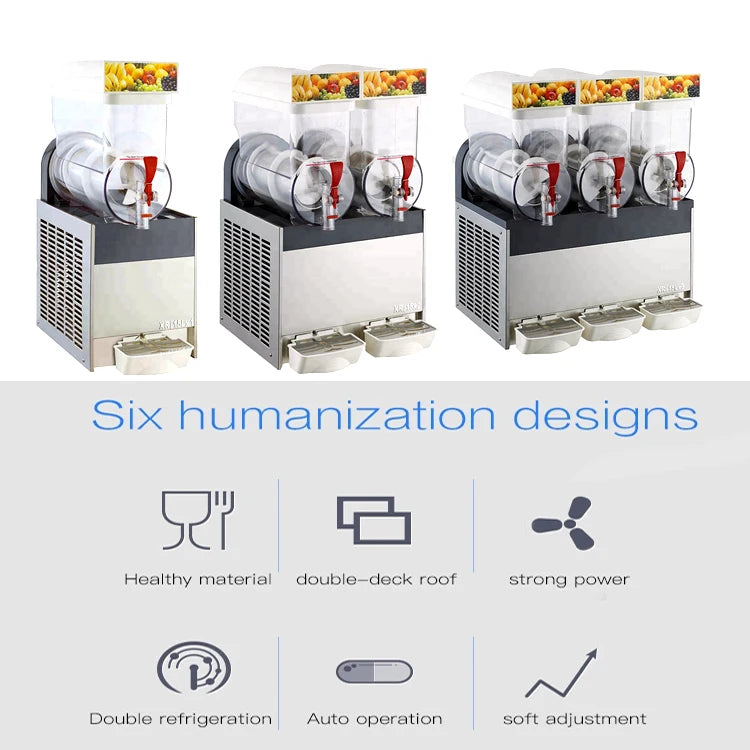 Commercial slush machines in stainless steel with clear bowls, red dispensing taps, and illuminated display tops.