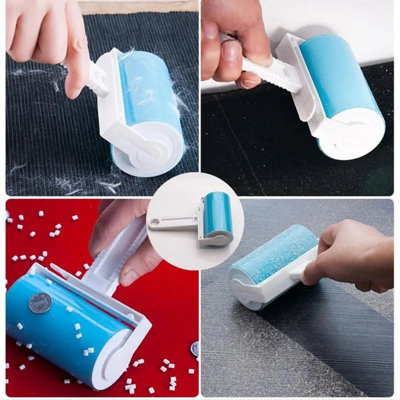 Reusable blue sticky lint roller with white handle, shown picking up dust and fluff from various surfaces.