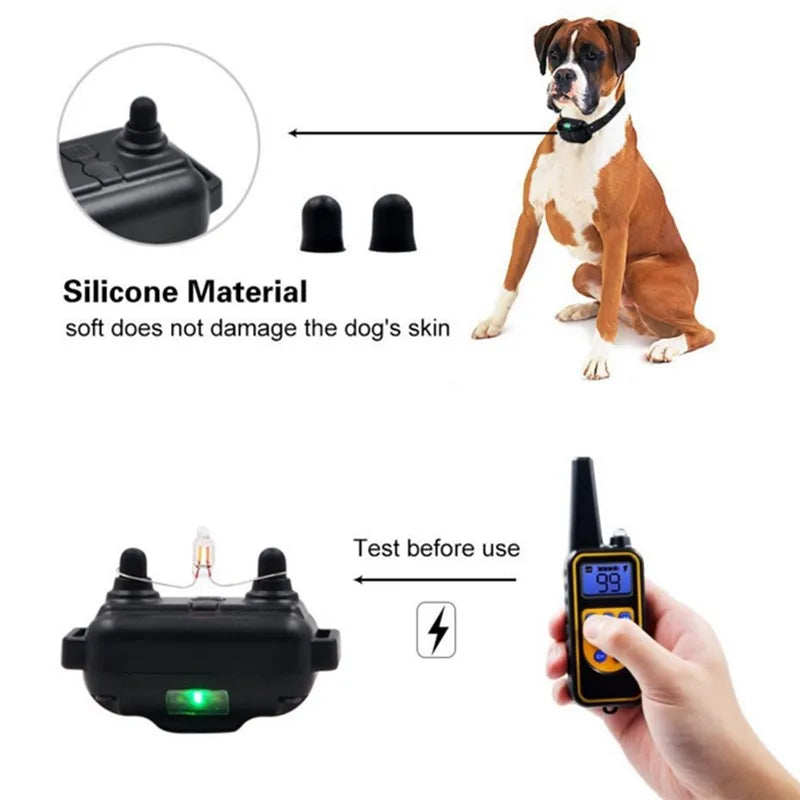 Black rechargeable dog training collar with a handheld remote, featuring soft silicone contact points for comfort.