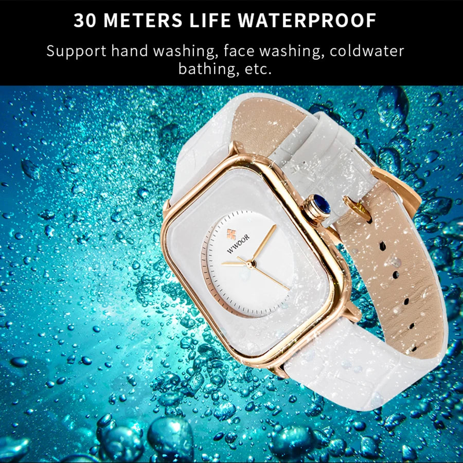 Ladies' fashion watch with a white leather strap, square gold case, and white dial, set against a water background.