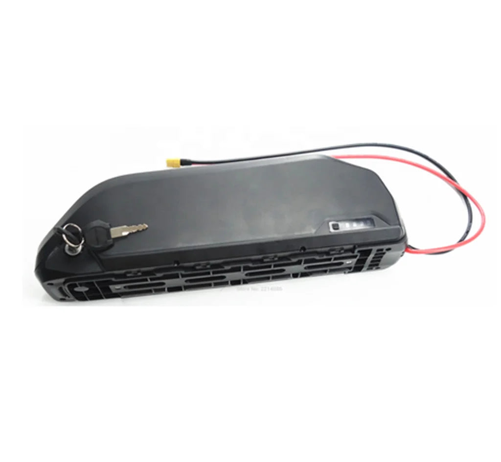 Black e-bike battery pack with integrated lock, key, power indicator, and connection cables.