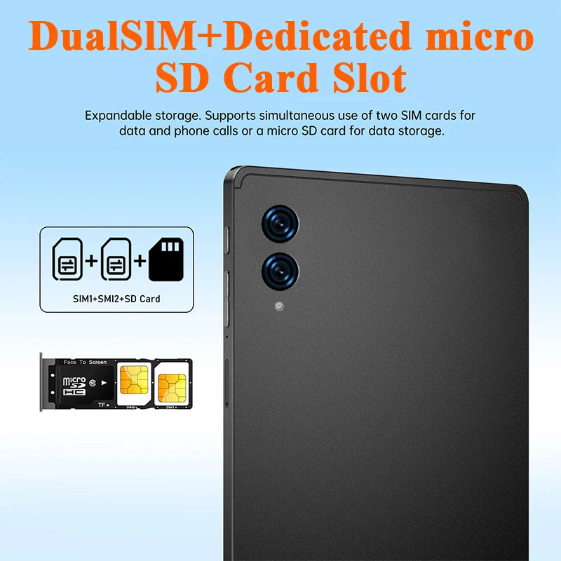 Black 10-inch Android tablet showing dual SIM and microSD card tray slots for expandable storage and 4G connectivity.