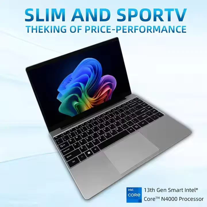 A sleek, silver 15.6-inch laptop with a black keyboard and Windows 11 desktop background, viewed from an angle.
