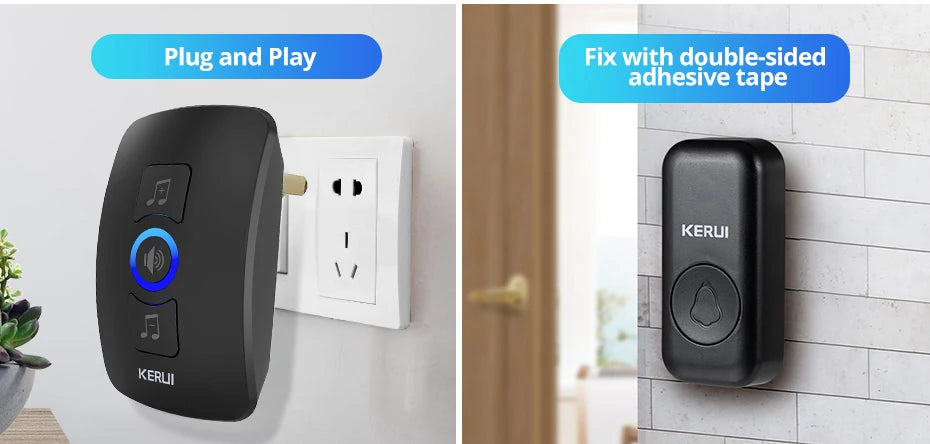 Black wireless doorbell system with a plug-in receiver and an adhesive-mount button.