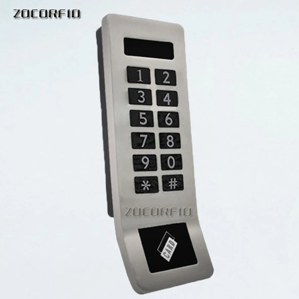 Silver metal access control keypad with a numeric number pad, card reader sensor, and digital display screen.
