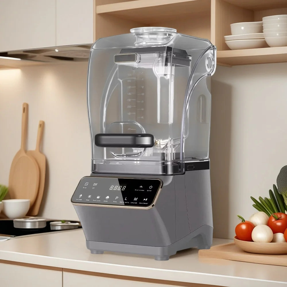 Modern grey countertop blender with a clear, square-shaped container and digital touch-screen control panel.