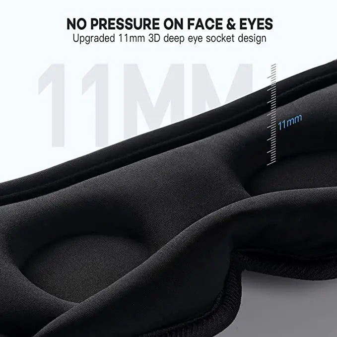 Black 3D sleep eye mask with deep 11mm contoured eye sockets for pressure-free comfort.