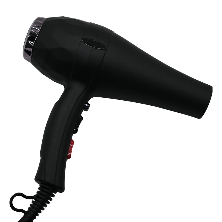 Matte black professional 2300W hair dryer with chrome detailing and power control switches on the handle.