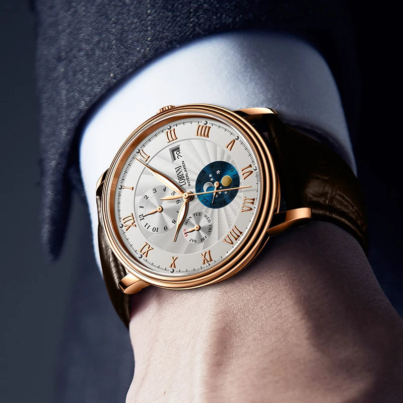 Lobinni automatic mechanical watch with round rose gold case, white textured dial, Roman numerals, and moon phase.