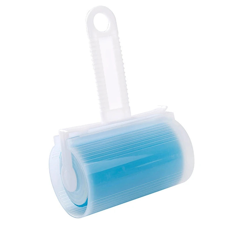 A reusable blue sticky lint roller with a clear protective cover and a white plastic handle.