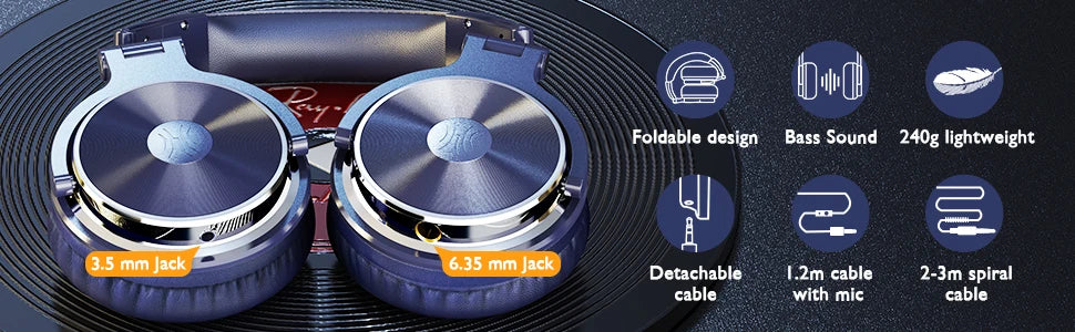 Dark blue, foldable wired DJ headphones with metallic earcups, microphone, and both 3.5mm and 6.35mm jack ports.