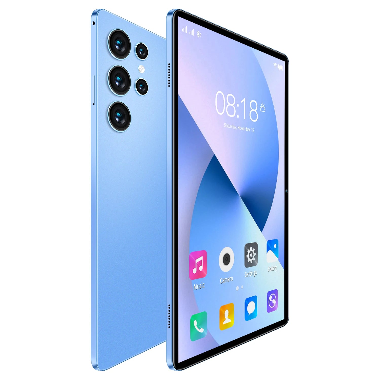 A sleek, light blue 10.1-inch Android tablet shown from the front and back, featuring a triple-lens rear camera design.