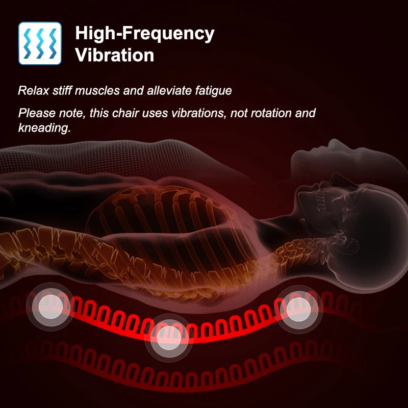 An anatomical illustration showing a person using an electric back massager cushion with high-frequency vibrations.
