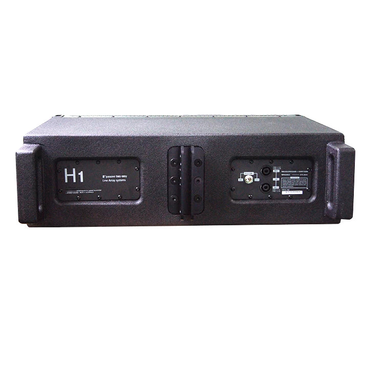 Black, rectangular professional stage speaker with side handles and rear input panels for a passive line array system.