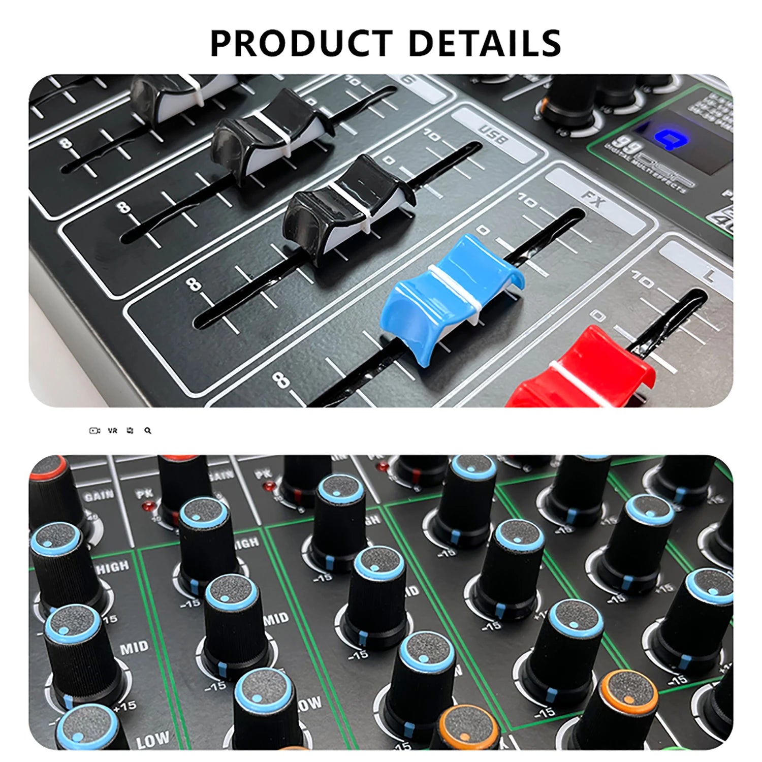 Black 6-channel audio mixer featuring colourful faders, precise rotary knobs, and a digital FX display screen.